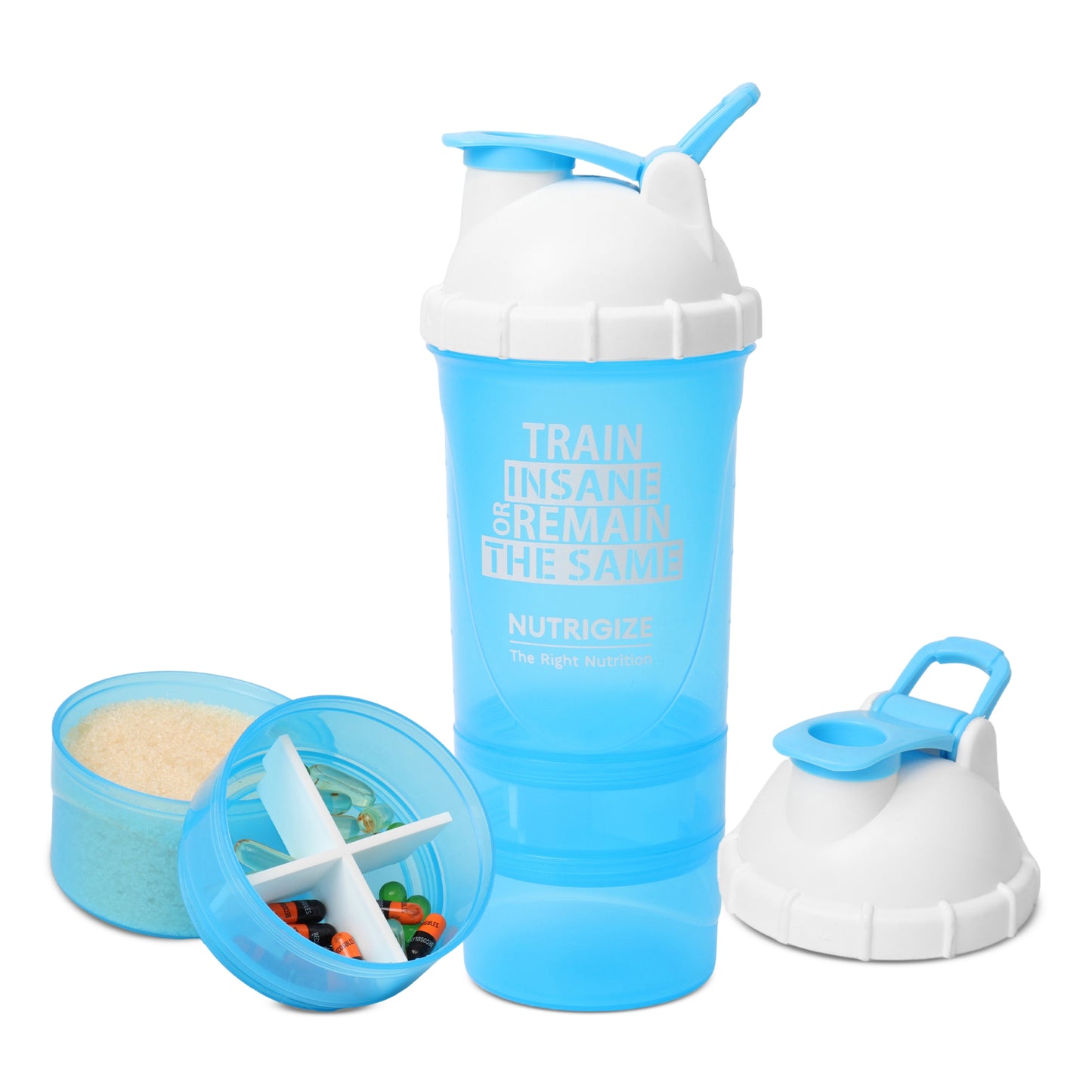 Nutrigize 3-Compartment Shaker Bottle with container For Pills And Powder, 600 ml