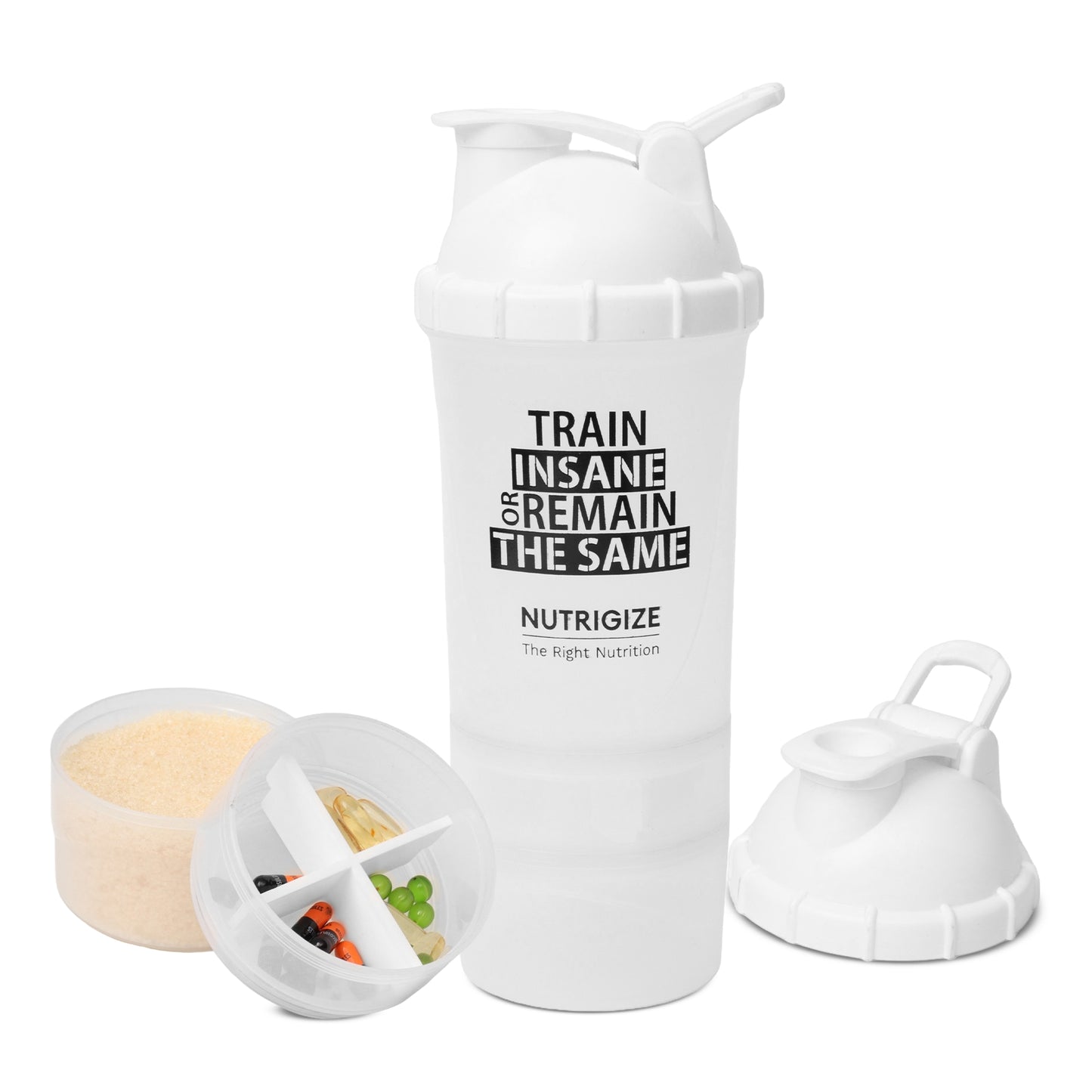 Nutrigize 3-Compartment Shaker Bottle with container For Pills And Powder, 600 ml