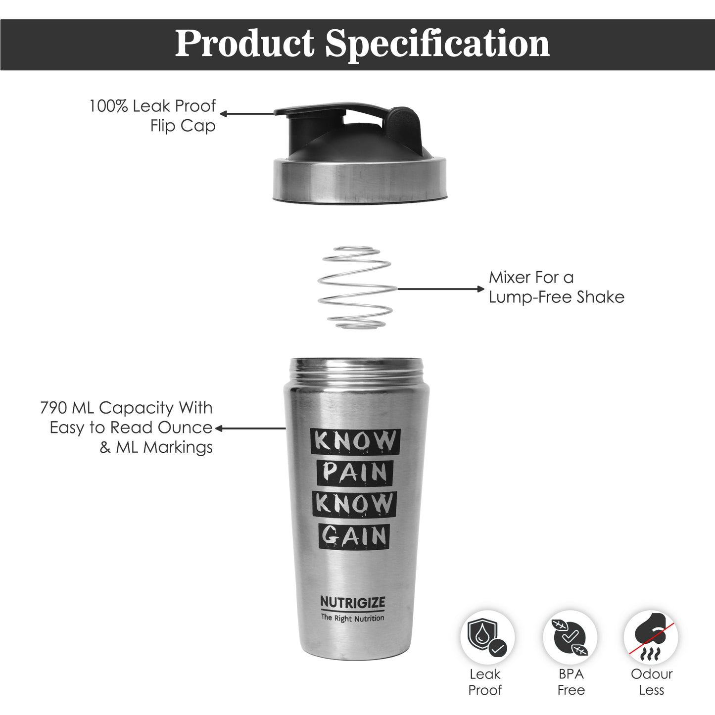 Nutrigize Stainless Steel Shaker Bottle 790ml