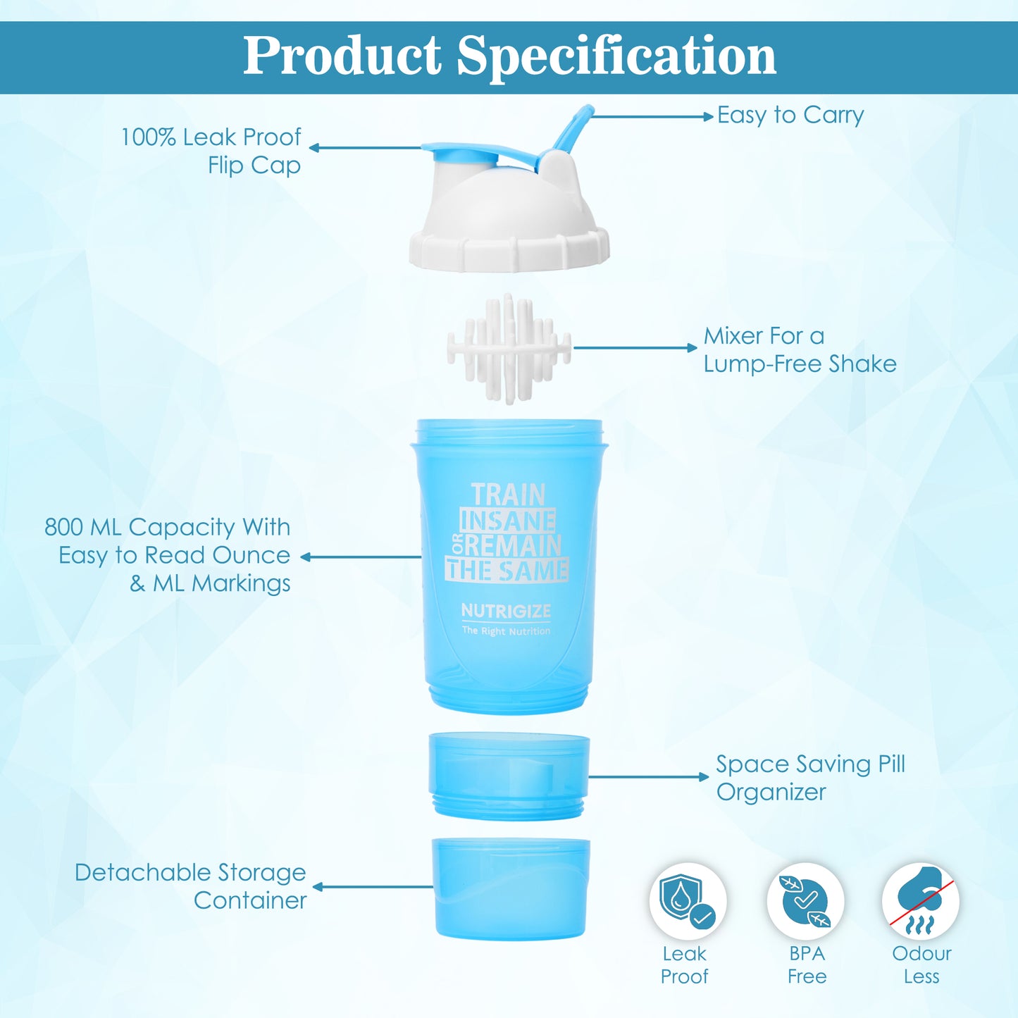 Nutrigize 3-Compartment Shaker Bottle with container For Pills And Powder, 600 ml