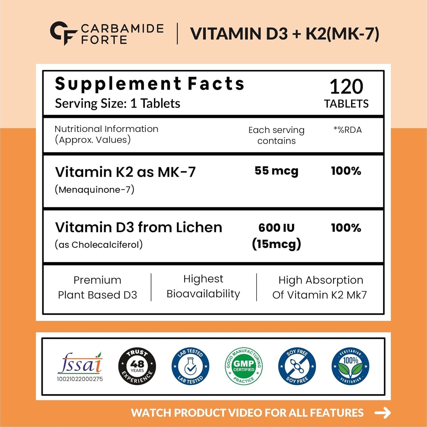Carbamide Forte Vitamin D3 K2 for wellness, 120 tablets