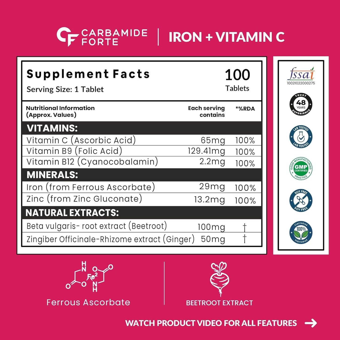 Carbamide Forte Iron Folic acid tablets for men and women, 100 tablets