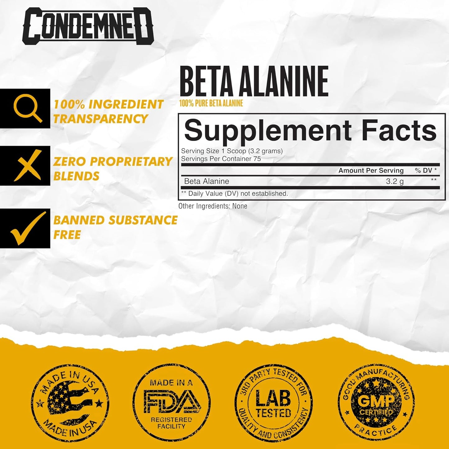 Condemned Labz 100% Pure Beta Alanine Powder, 75 servings