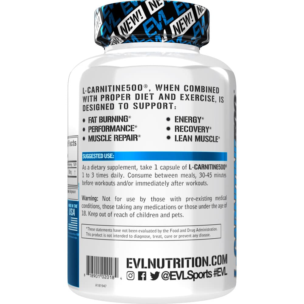 Evlution Nutrition (EVL) Carnitine, 500 mg of Pure L-Carnitine in Each Serving, 120 Capsules