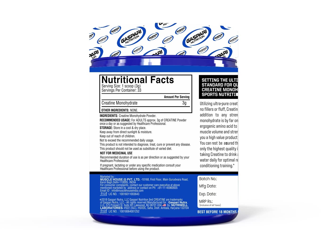 Gaspari Pure Micronised Creatine Monohydrate Powder 250gm, 83 servings