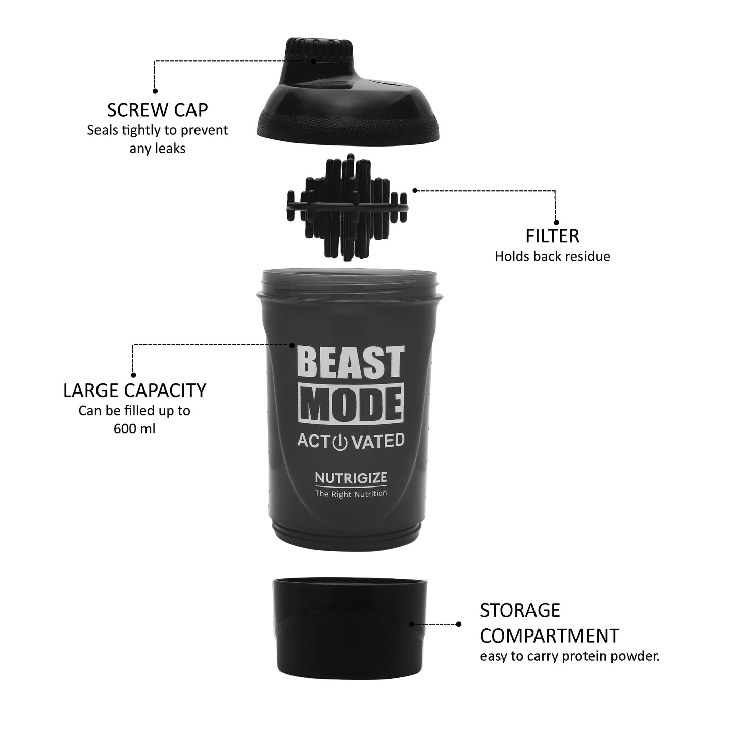Nutrigize Screw cap with compartment, Leakproof Protein Shaker 600ml