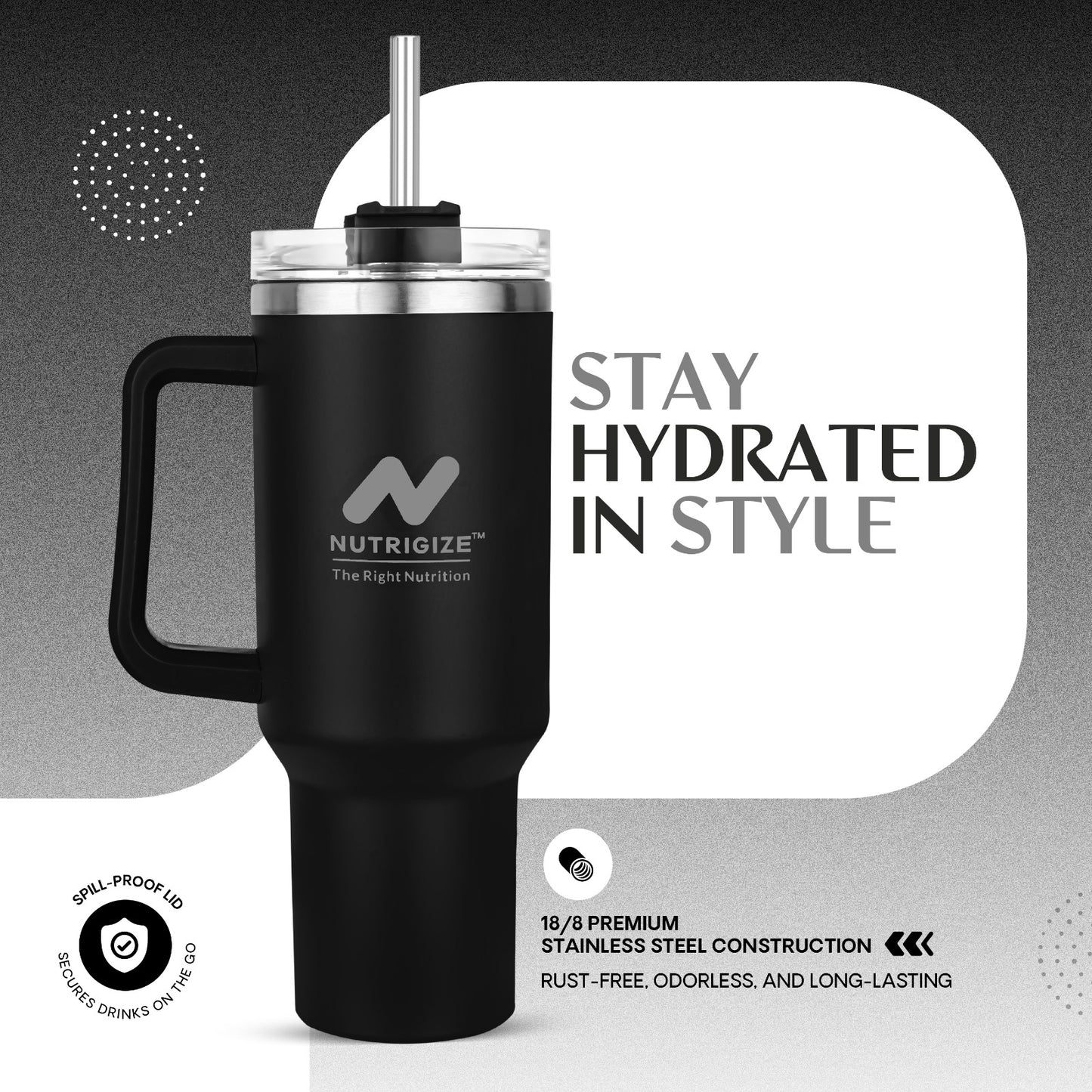 Nutrigize Stainless Steel Tumbler with Steel Straw (Hot & Cold), 1200 ml