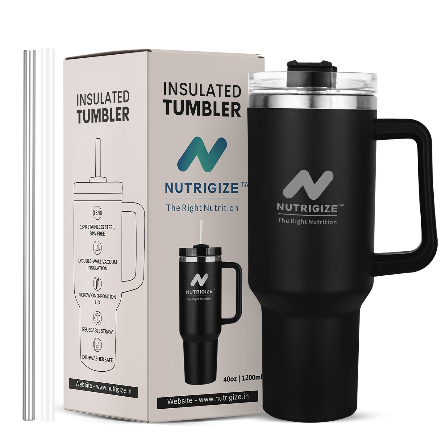 Nutrigize Stainless Steel Tumbler with Steel Straw (Hot & Cold), 1200 ml