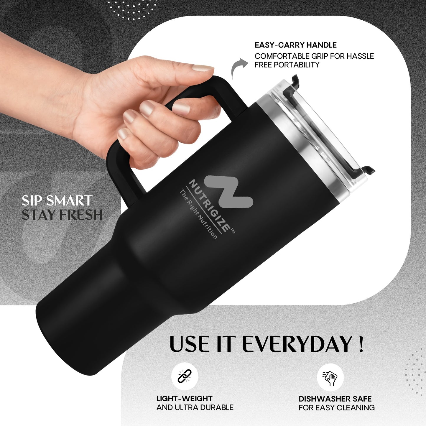 Nutrigize Stainless Steel Tumbler with Steel Straw (Hot & Cold), 1200 ml