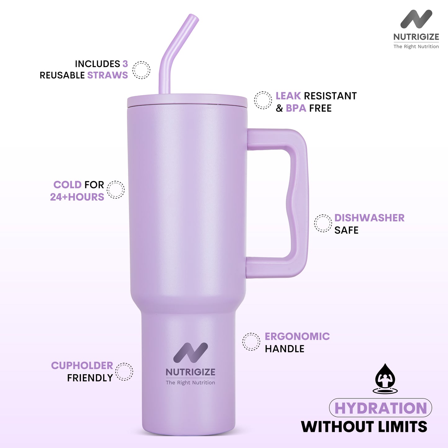 Nutrigize Stainless Steel Tumbler with Straw & Cleaner (Hot & Cold), 1200 ml