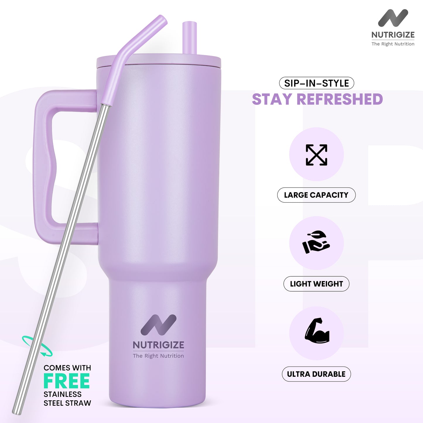 Nutrigize Stainless Steel Tumbler with Straw & Cleaner (Hot & Cold), 1200 ml