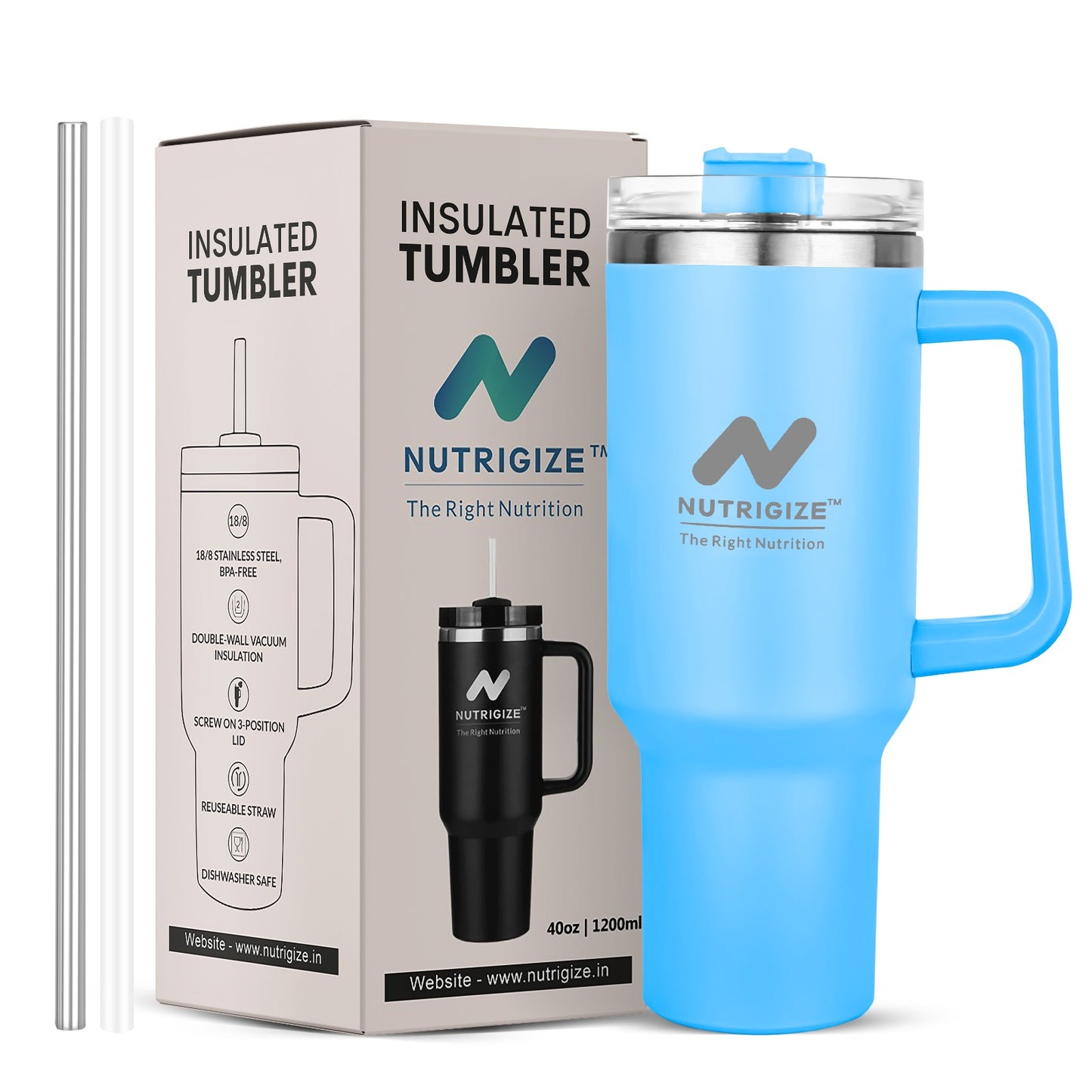 Nutrigize Stainless Steel Tumbler with Steel Straw (Hot & Cold), 1200 ml