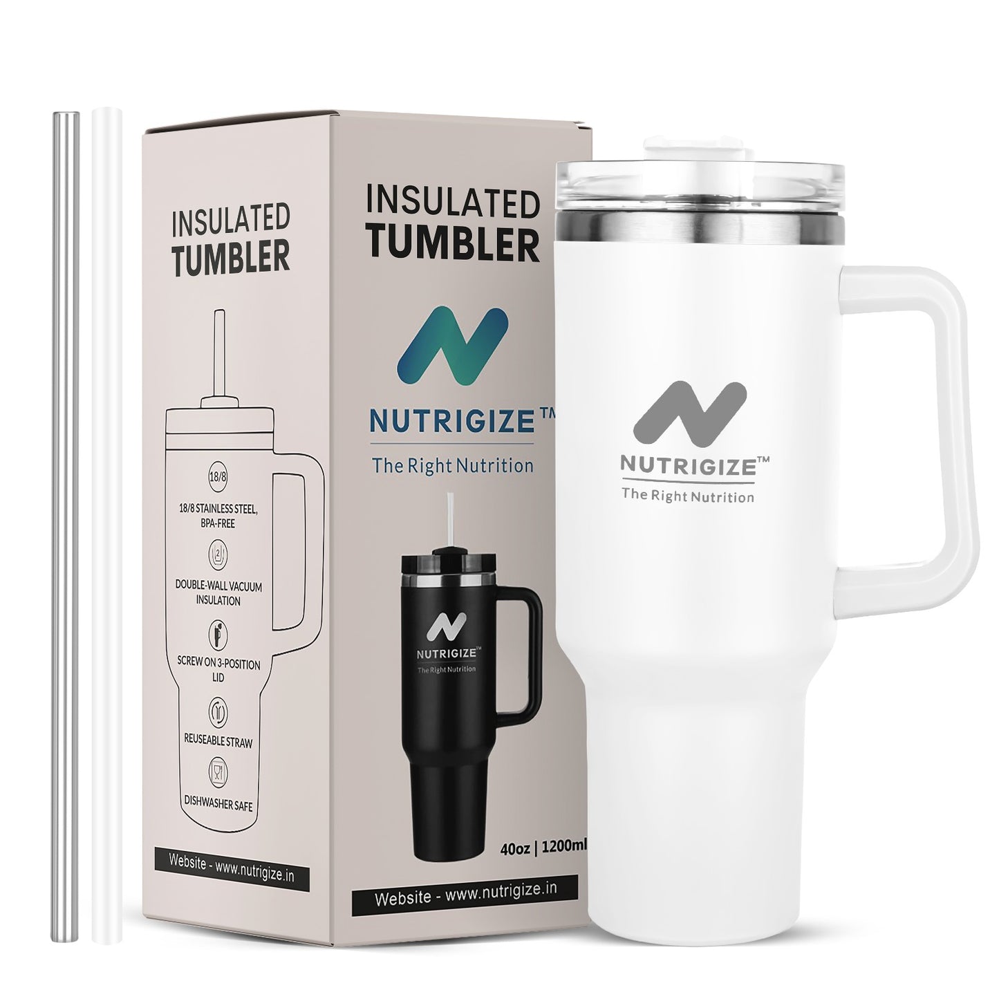Nutrigize Stainless Steel Tumbler with Steel Straw (Hot & Cold), 1200 ml