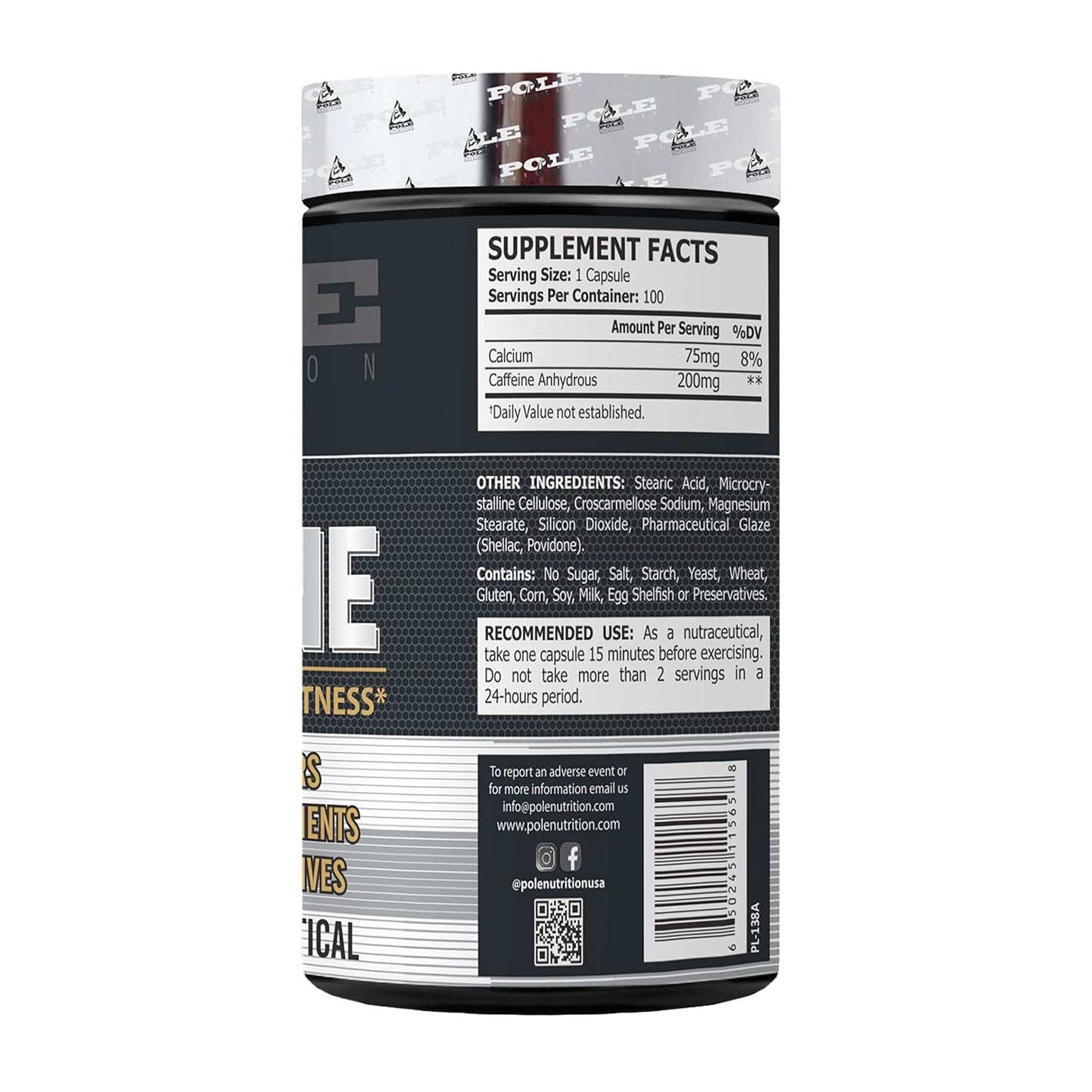Pole Nutrition 100% Pure Caffeine 200mg, 100 caps