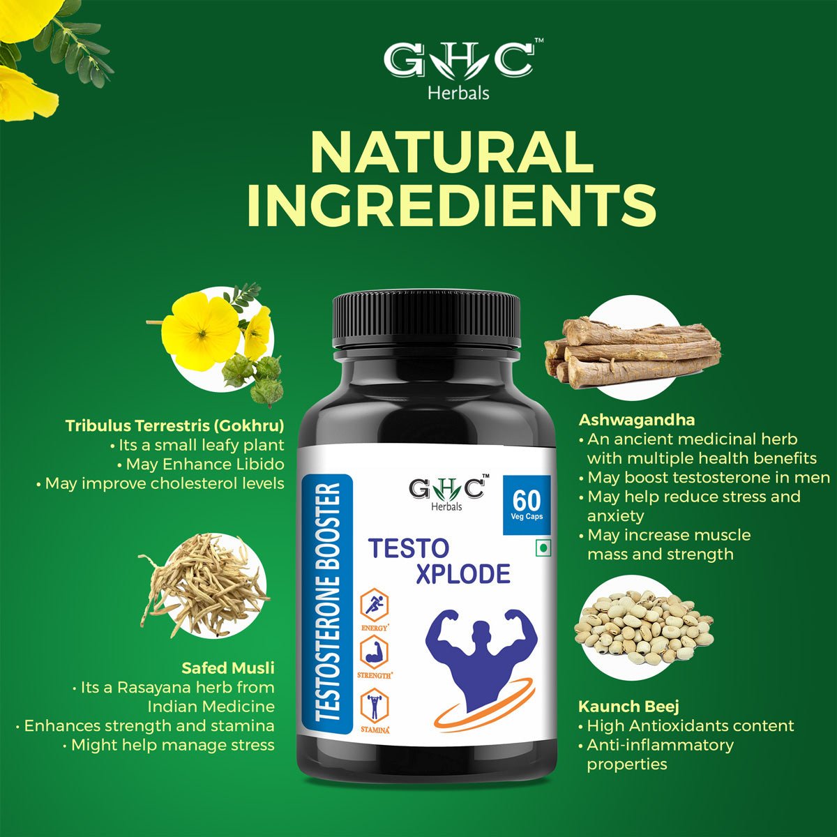 Testo Xplode | Natural Muscles Builder For Men | 60 Veg Capsules - GHC Herbals -