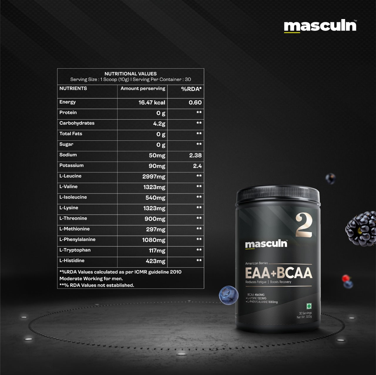 Masculn EAA+BCAA Muscle recovery Supplement for Men & Women, 300g - Masculn -