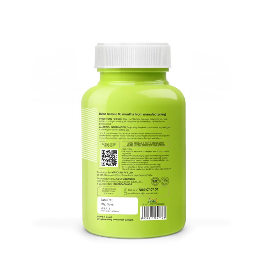 Masculn Ultra Omega 3 Fish Oil Capsules For Women & Men | 60 Softgels - Masculn -
