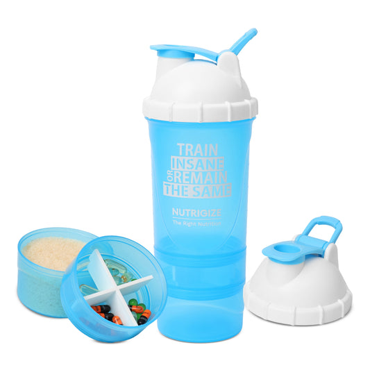 Nutrigize 3-Compartment Shaker Bottle with container For Pills And Powder, 600 ml