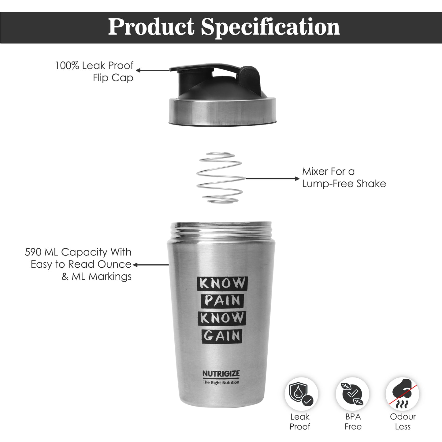 Nutrigize Stainless Steel Shaker Bottle 590ml