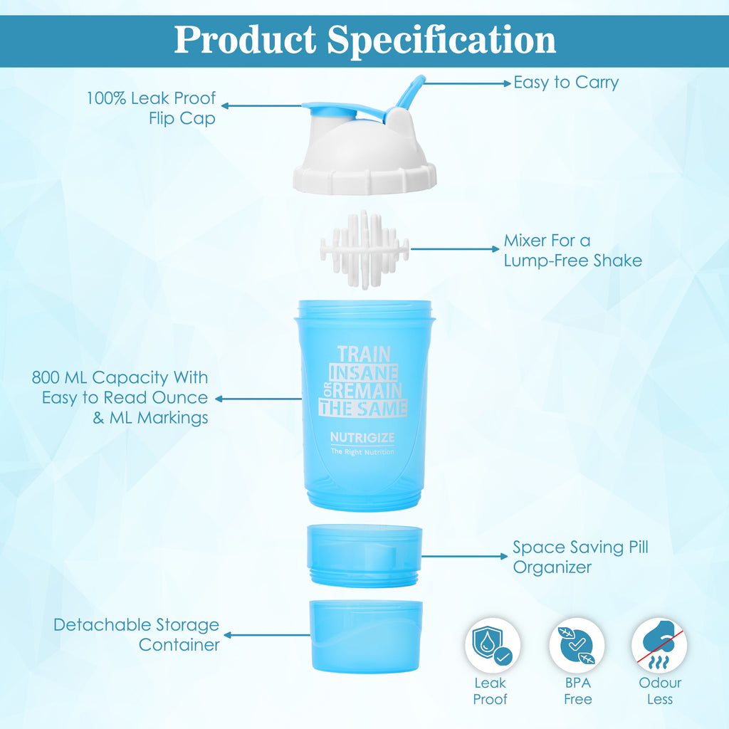 Nutrigize 3-Compartment Shaker Bottle with container For Pills And Powder, 600 ml