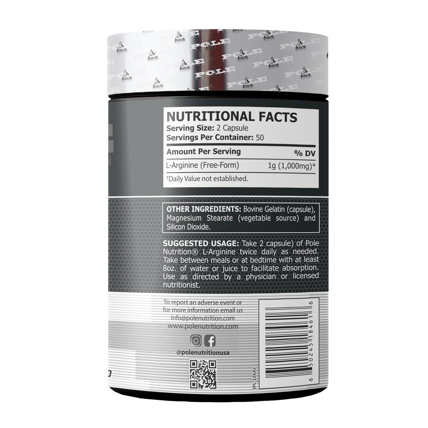 Pole Nutrition L Arginine 500mg, 100 capsules