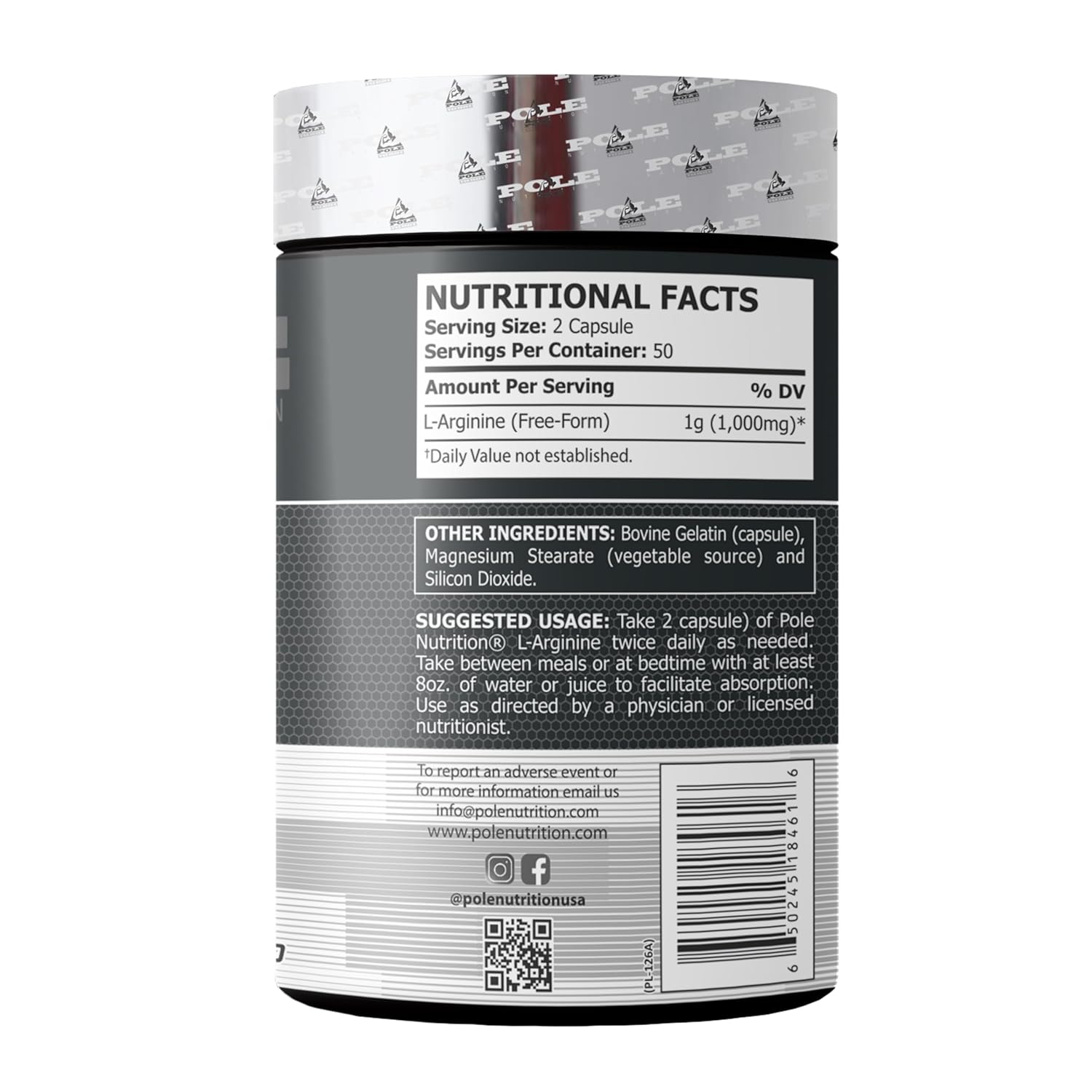 Pole Nutrition L Arginine 500mg, 100 capsules