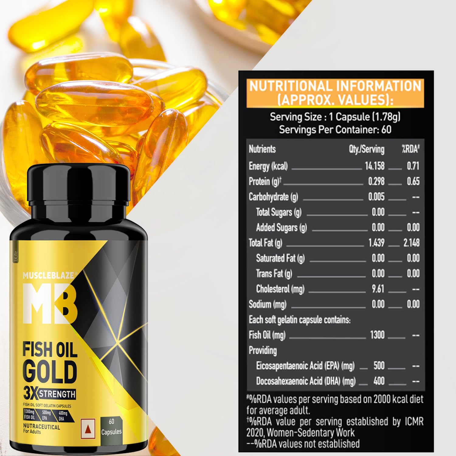 MuscleBlaze Omega 3 Fish Oil Gold 3x, 60 Capsules