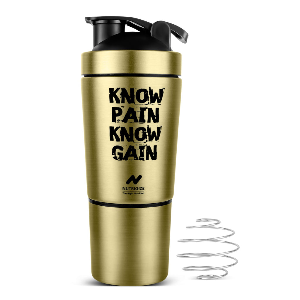 Stainless Steel Protein Shaker Bottle 590ml with Storage | Nutrigize