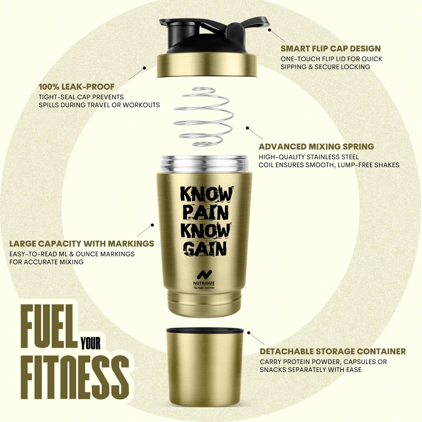 Stainless Steel Protein Shaker Bottle 590ml with Storage | Nutrigize