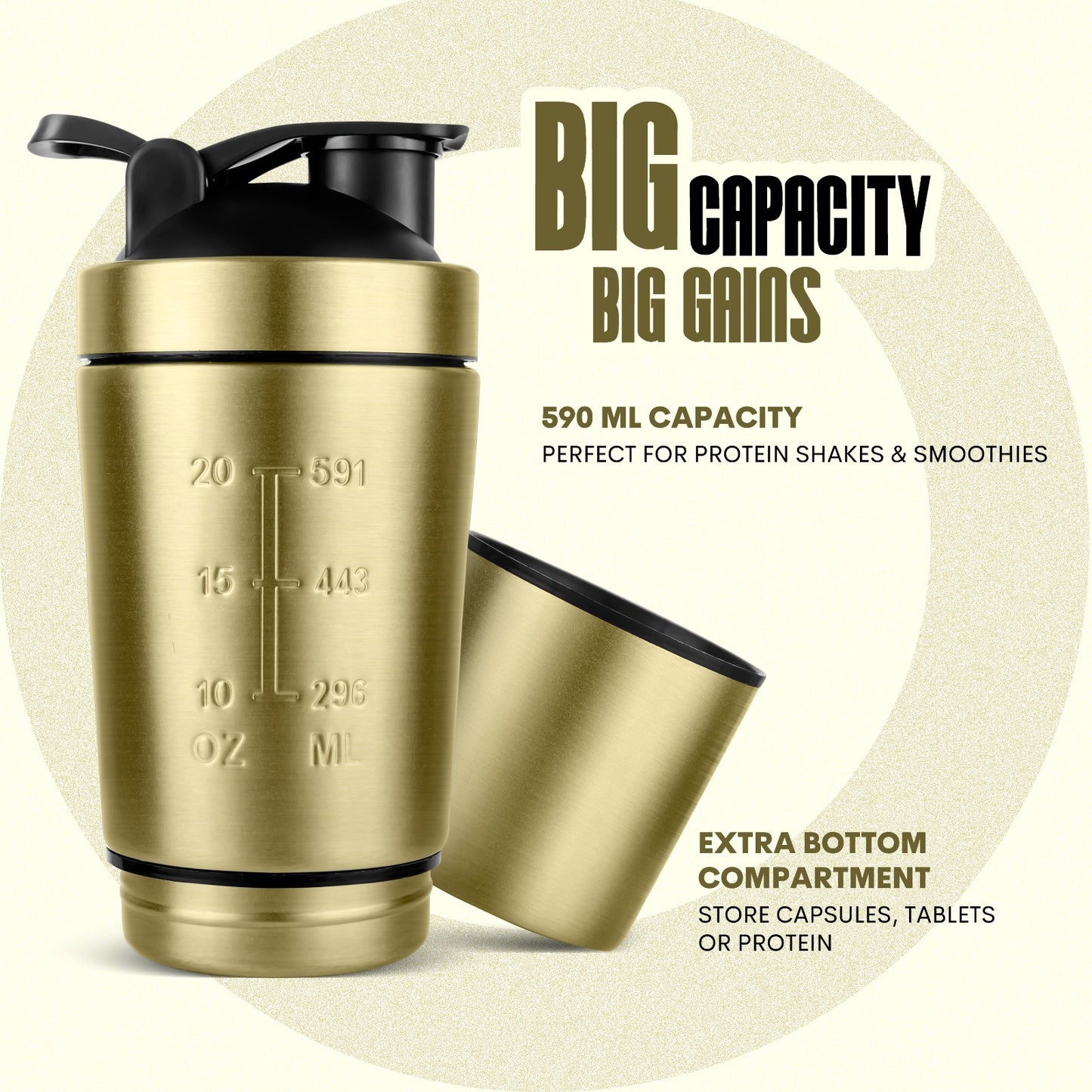 Stainless Steel Protein Shaker Bottle 590ml with Storage | Nutrigize