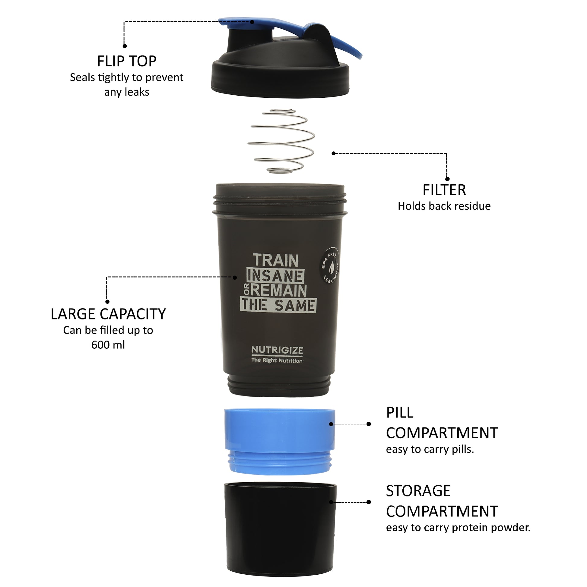 Nutrigize Protein Shaker Bottle with 3 Compartments