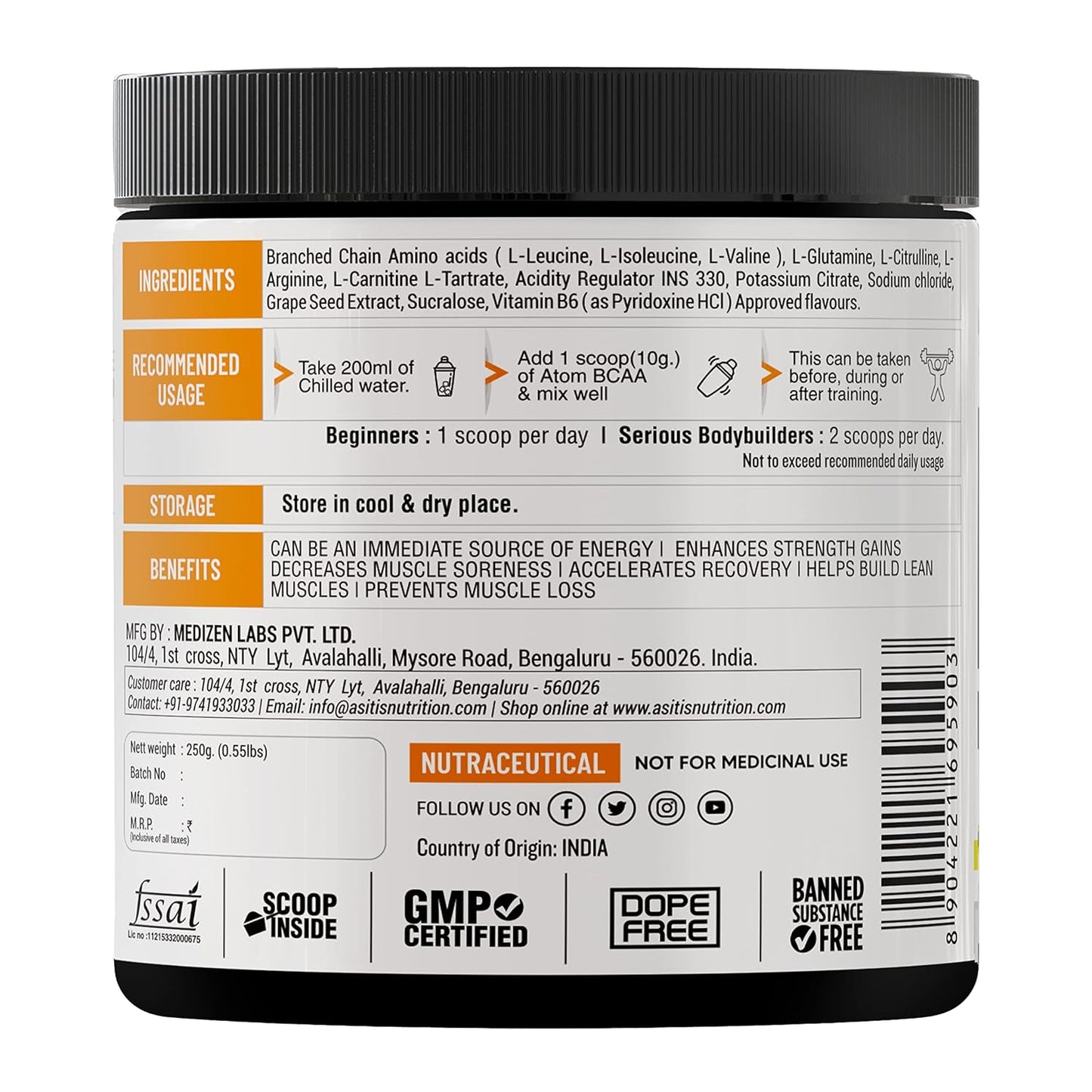 As-it-is ATOM BCAA 250g, 25 servings