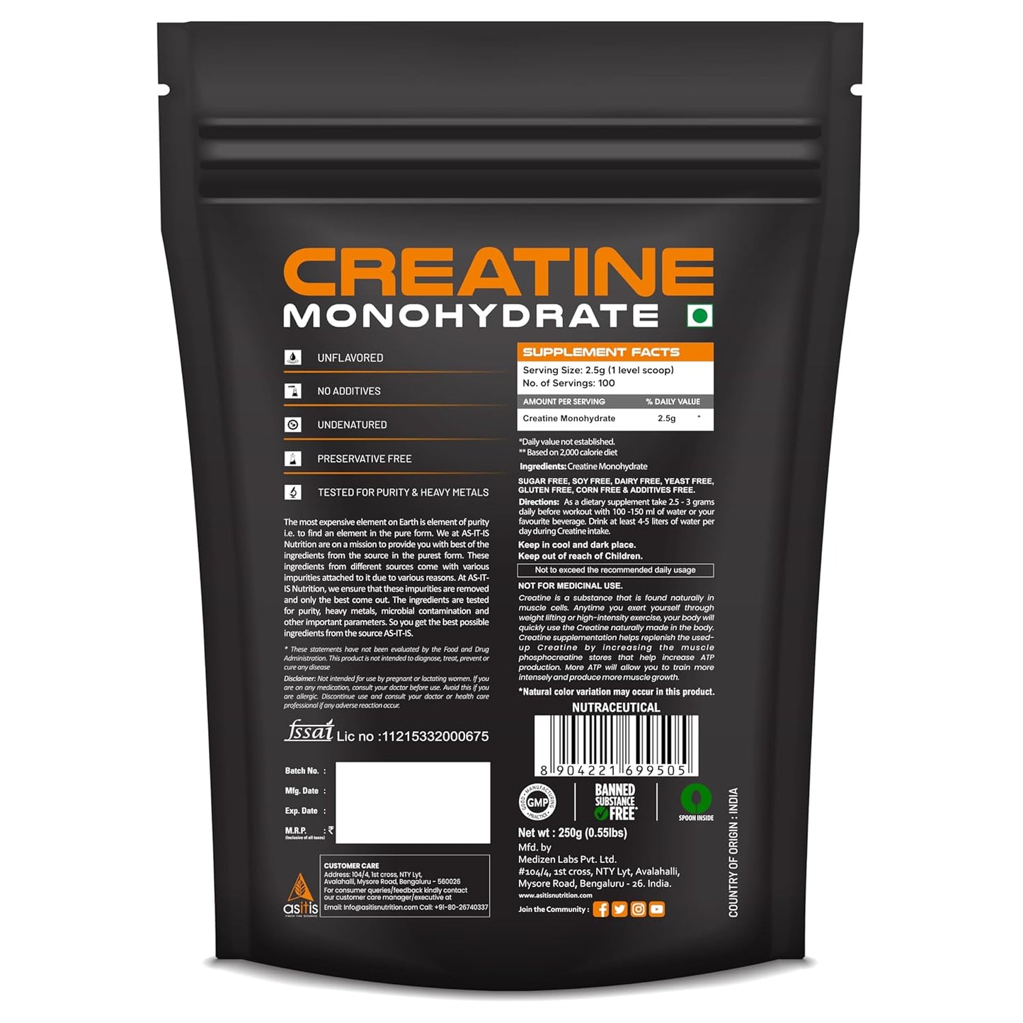 As-it-is 100% Creatine Monohydrate 250gm, 100 servings