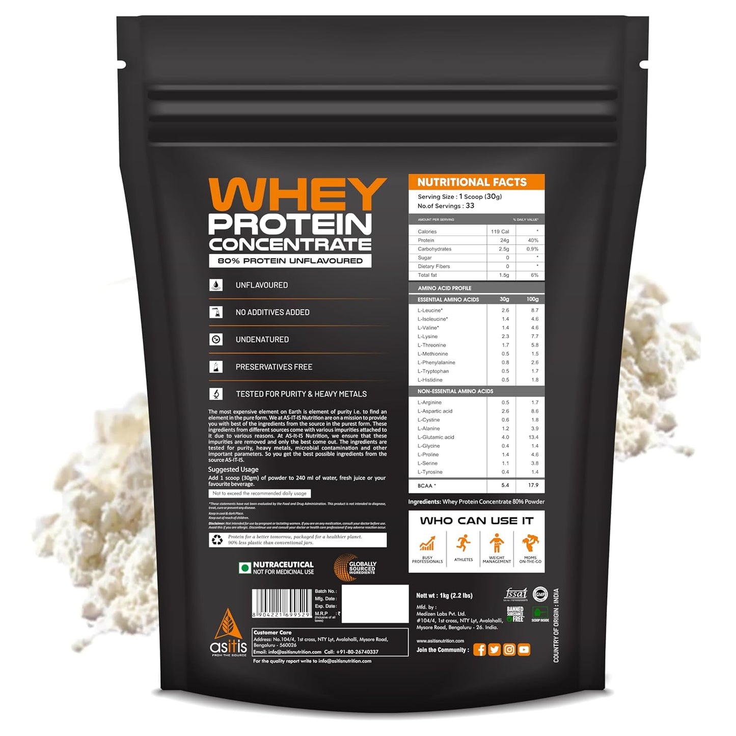 As-it-is Whey Protein Concentrate 80% - 2kg, Unflavoured