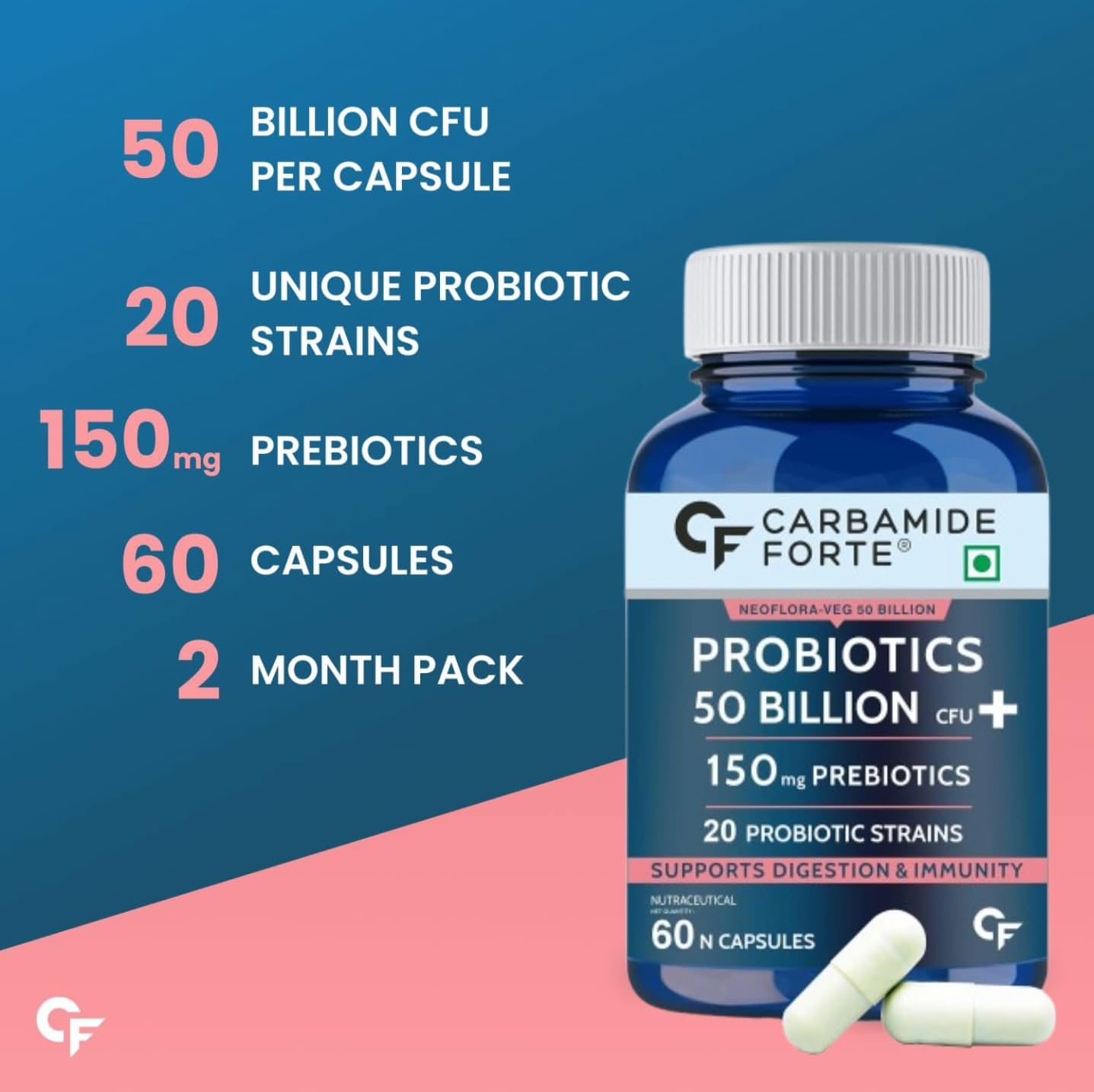 Carbamide Forte Probiotics 50 Billion CFU, Gut Cleanse with Prebiotics and Probiotics