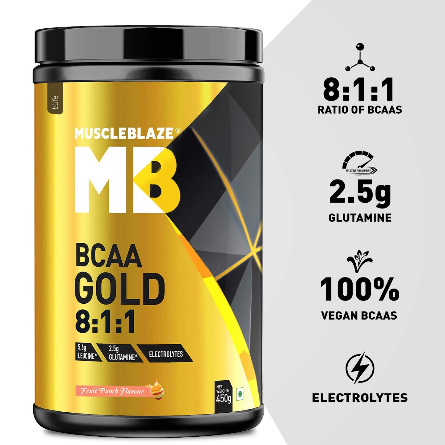 MuscleBlaze Bcaa Gold 8:1:1 With Higher Leucine, Electrolytes, Glutamine Powder, 60 servings