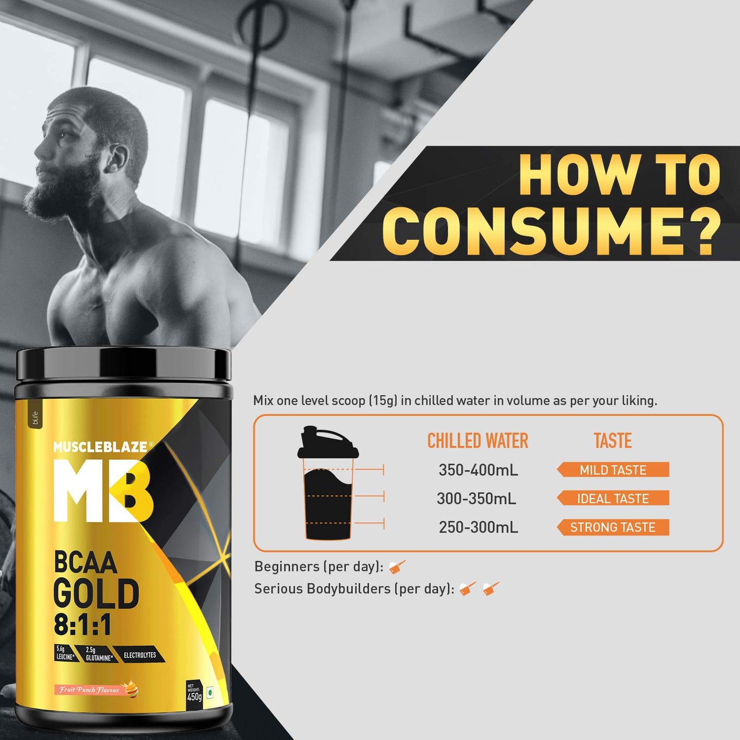 MuscleBlaze Bcaa Gold 8:1:1 With Higher Leucine, Electrolytes, Glutamine Powder, 60 servings