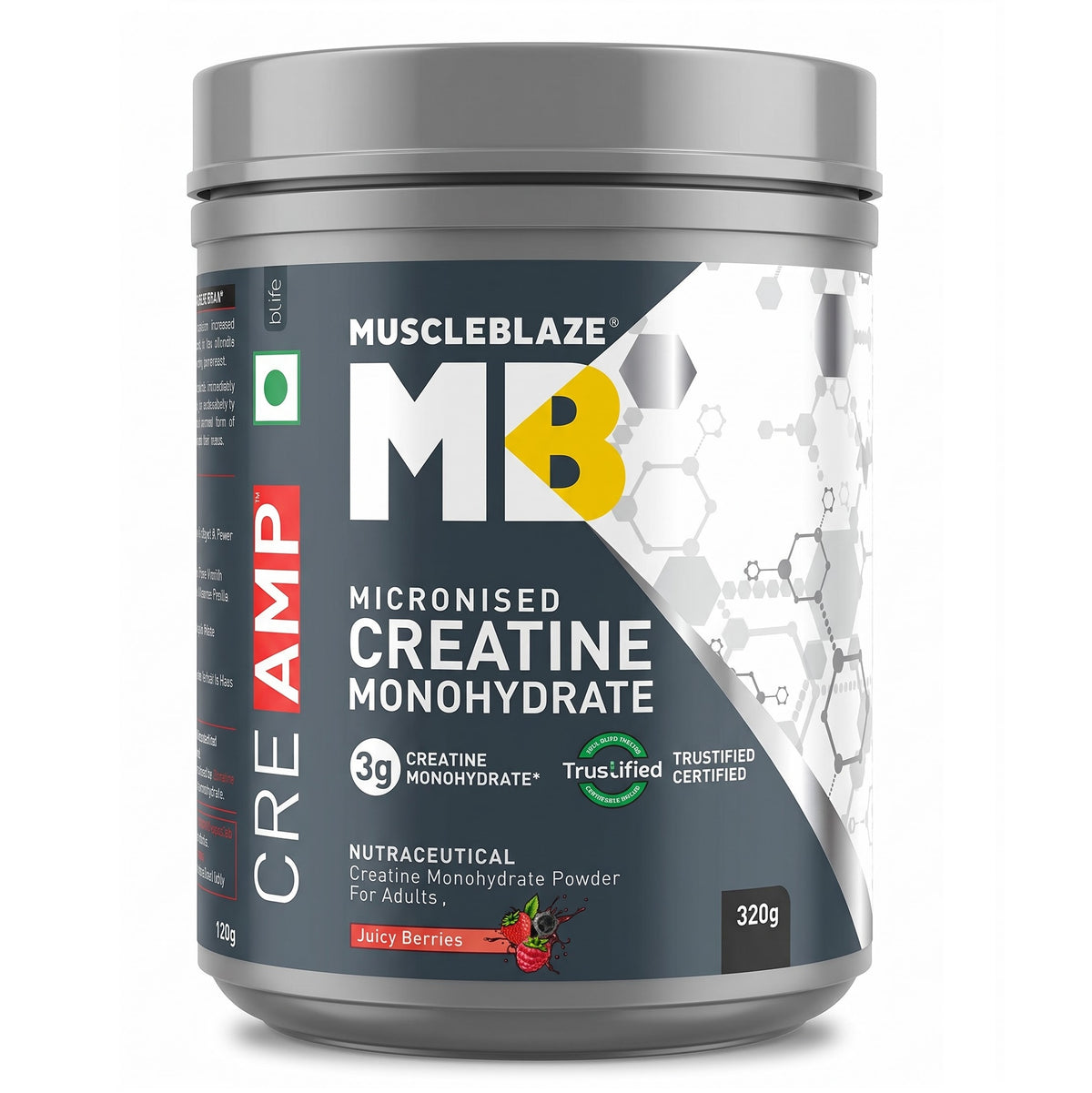 A 320g tub of Muscleblaze Creamp Micronised Creatine Monohydrate powder in Juicy Berries flavor, featuring a metallic silver container and a dark gray label with yellow and white branding.