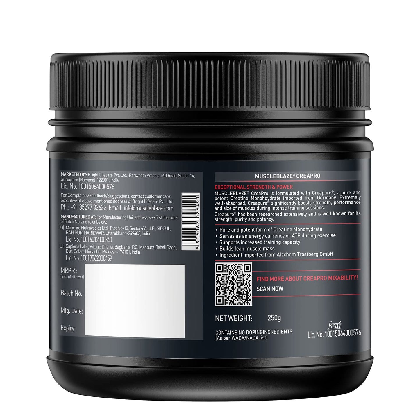 MuscleBlaze CreaPRO Creatine with Creapure® Powder from Germany, 250 gms, 62 servings