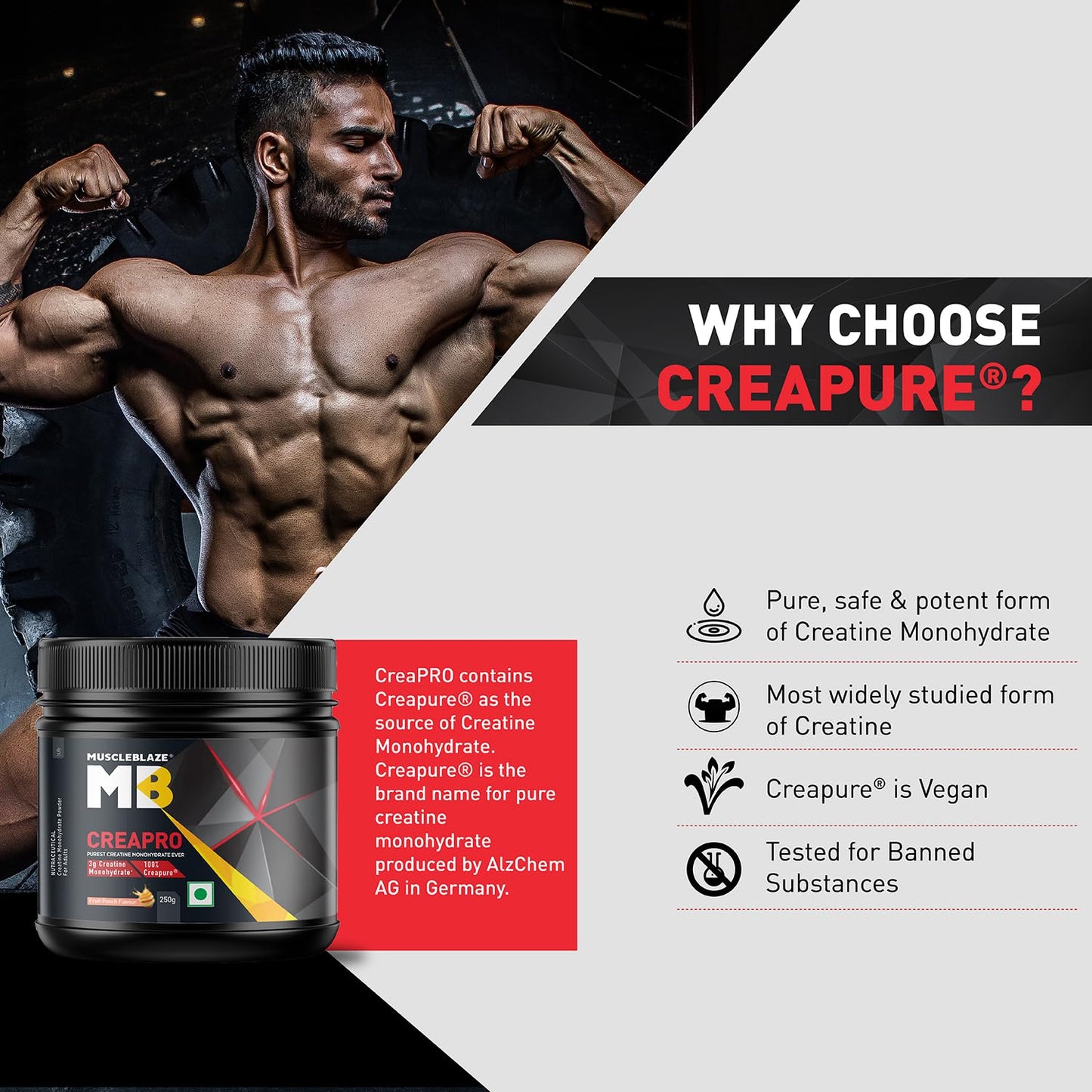 MuscleBlaze CreaPRO Creatine with Creapure® Powder from Germany, 250 gms, 62 servings