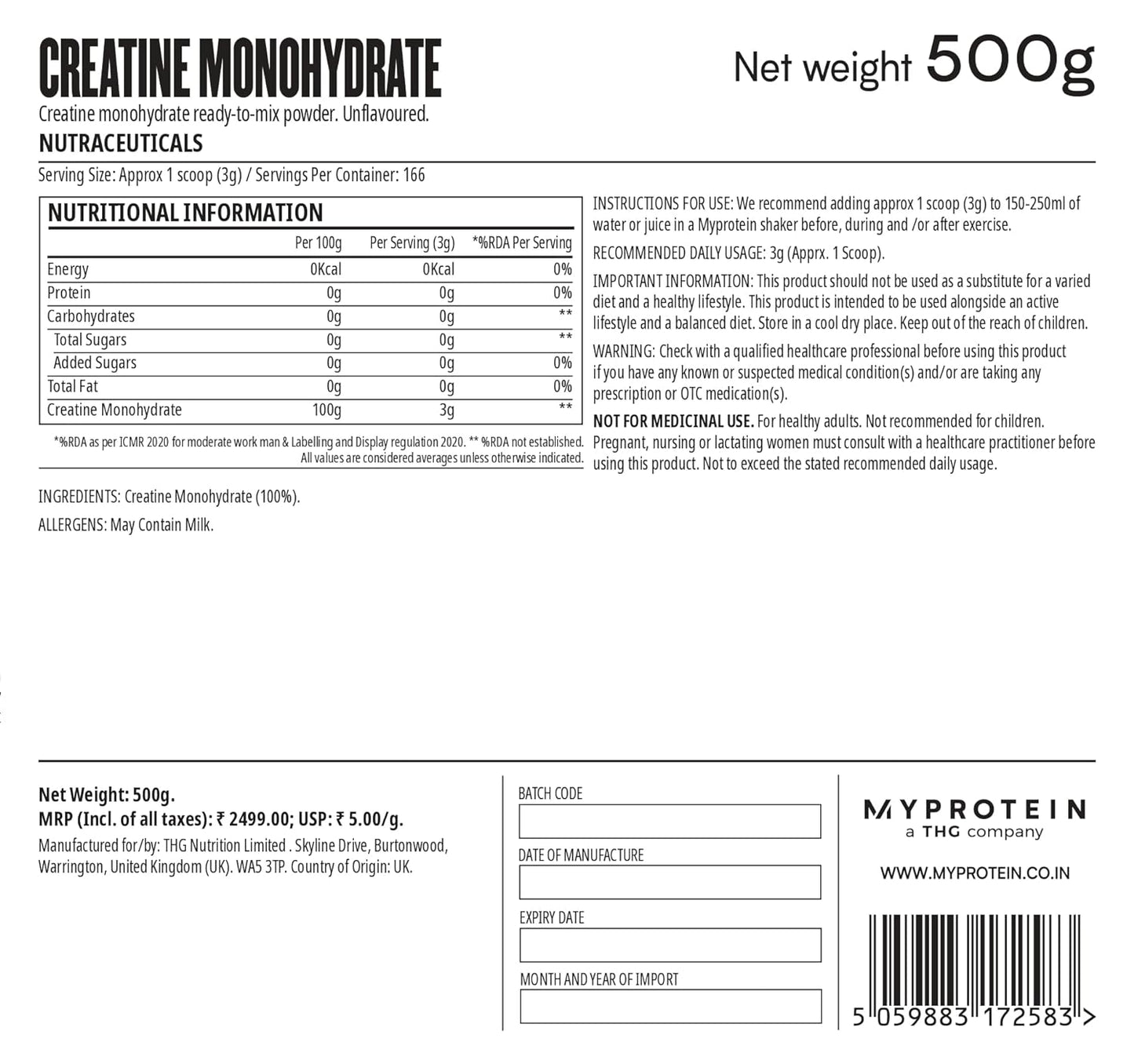Myprotein Pure Creatine Monohydrate Powder - 500 Gram, 166 Servings