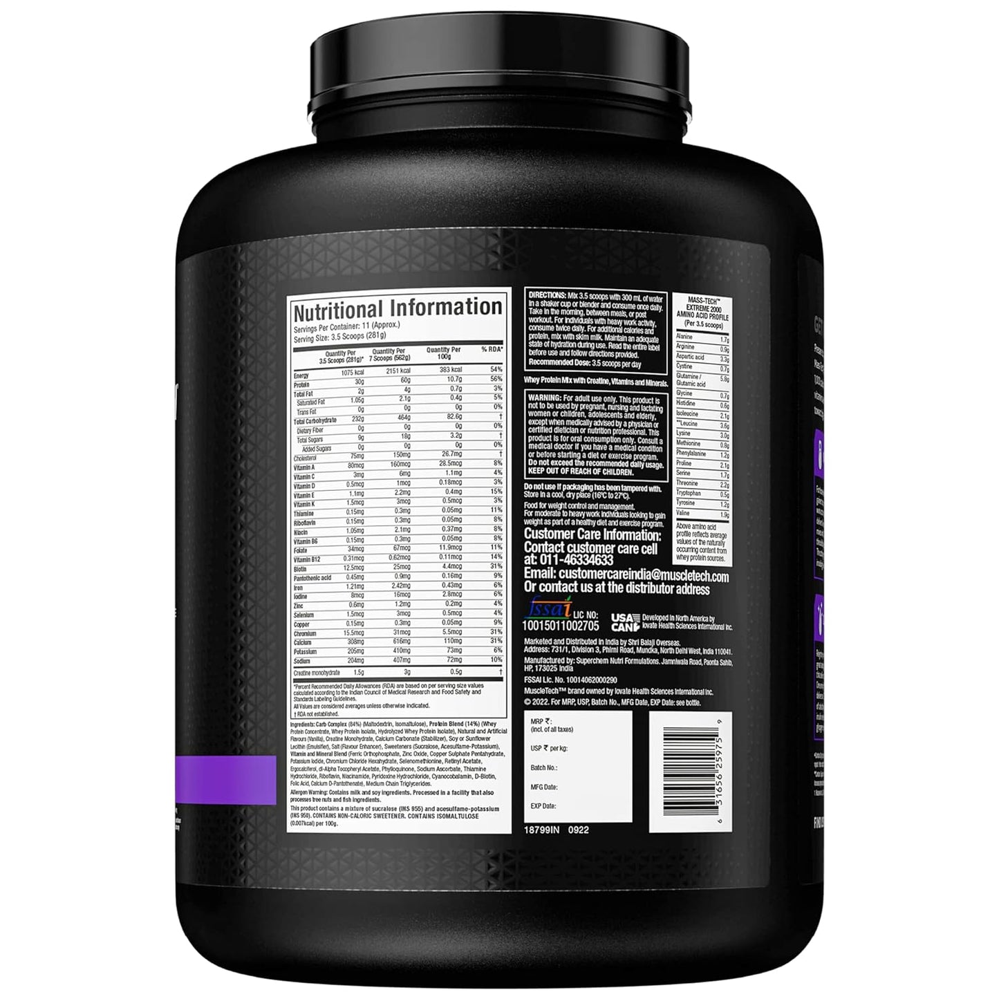 Muscletech Masstech Extreme 2000 Lean Mass Gainer, 3kg