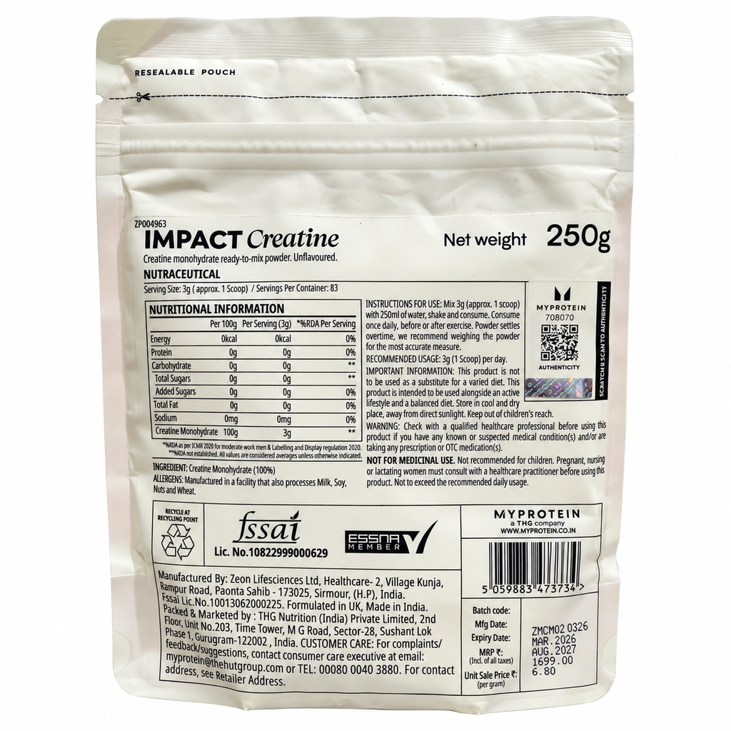 Myprotein Impact Creatine Monohydrate 250g Unflavoured, 83 Servings