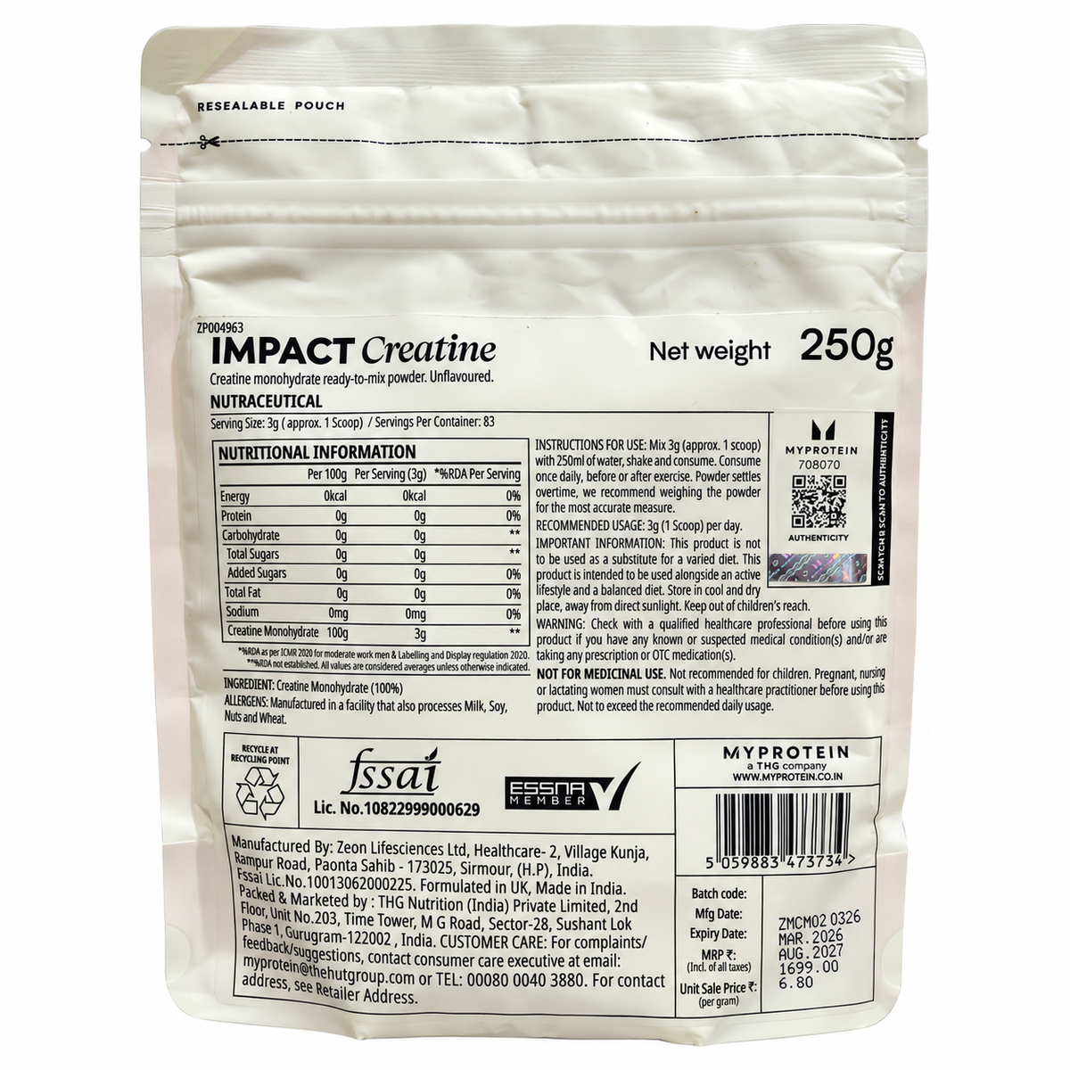 Myprotein Impact Creatine Monohydrate 250g Unflavoured, 83 Servings