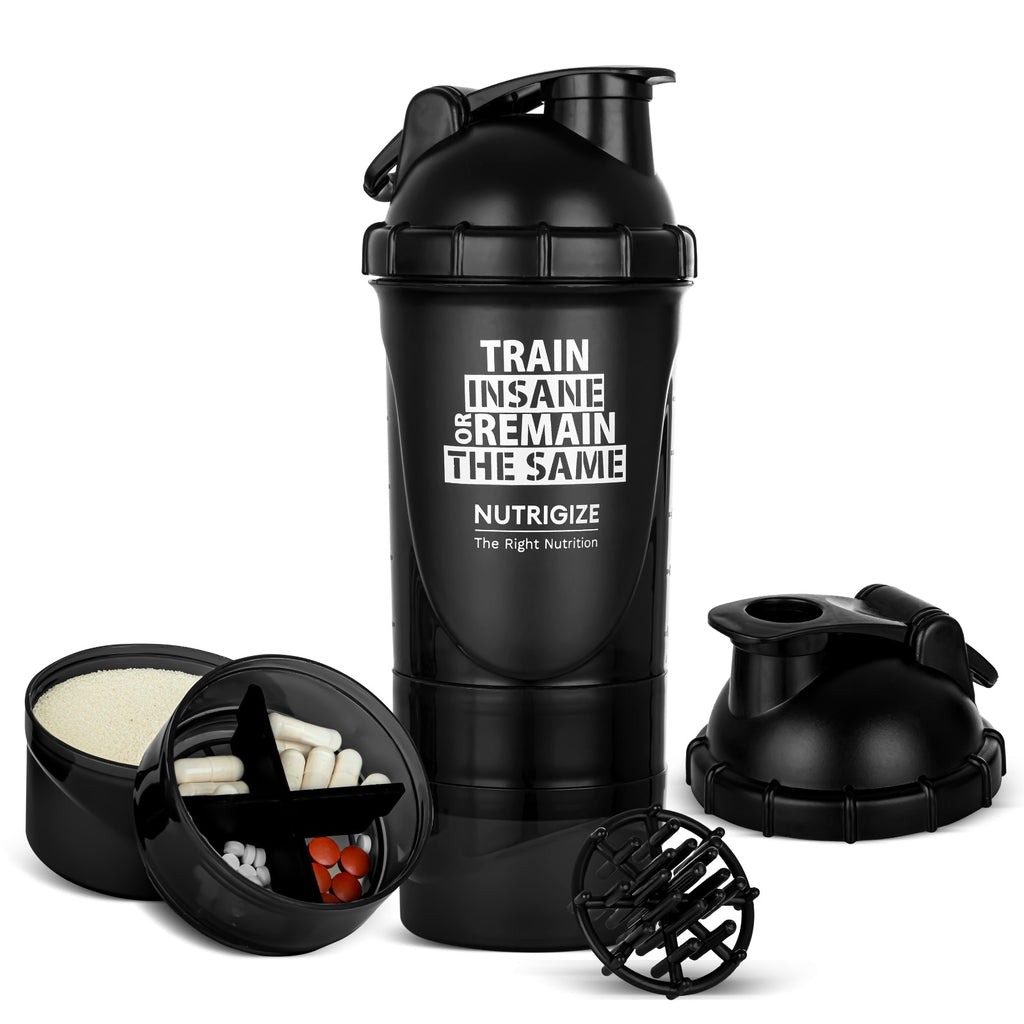 Nutrigize 3-Compartment Shaker Bottle with container For Pills And Powder, 600 ml