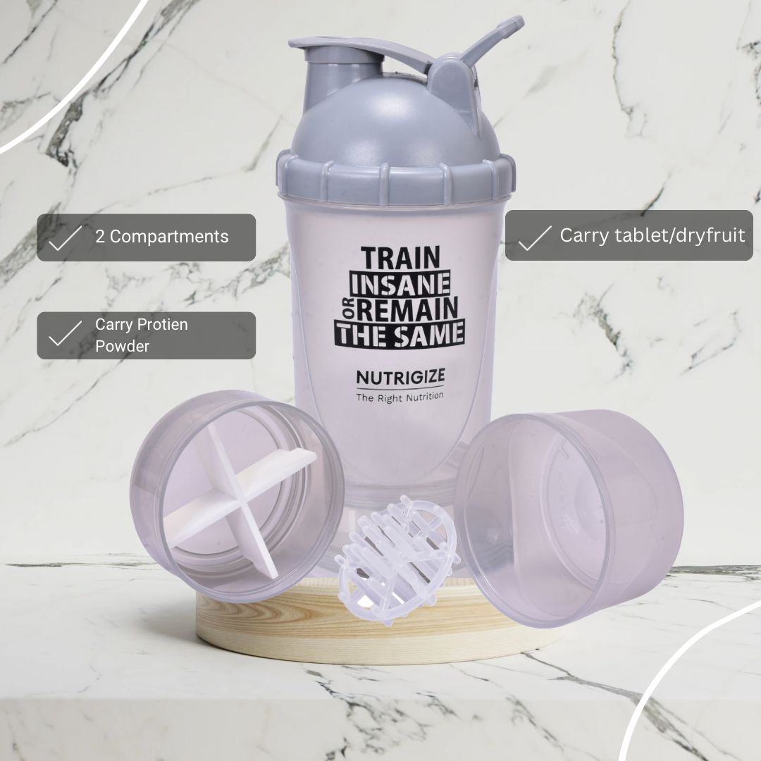 Nutrigize 3-Compartment Shaker Bottle with container For Pills And Powder, 600 ml