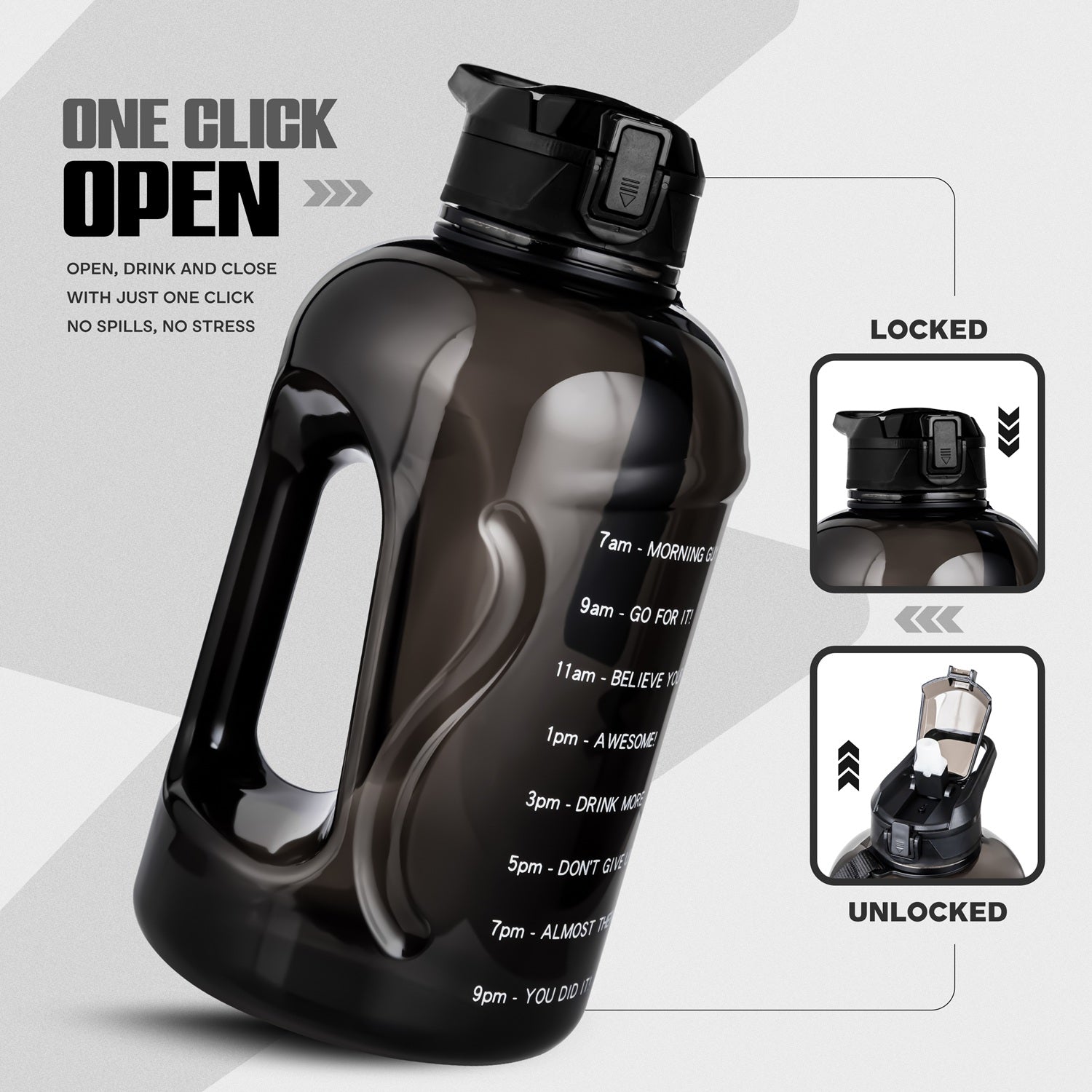 Motivational Gallon Water Bottle 2.2L (2200ml) with Straw & Cleaning Brushes | Leak Proof BPA Free | Black