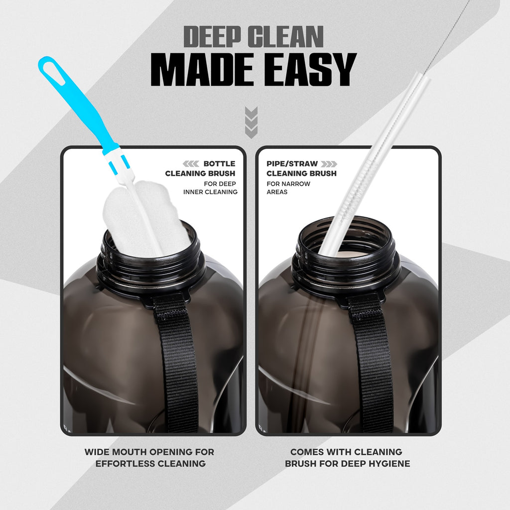Motivational Gallon Water Bottle 2.2L (2200ml) with Straw & Cleaning Brushes | Leak Proof BPA Free | Black