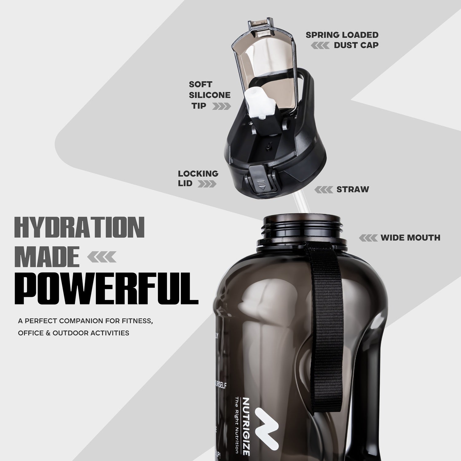 Motivational Gallon Water Bottle 2.2L (2200ml) with Straw & Cleaning Brushes | Leak Proof BPA Free | Black