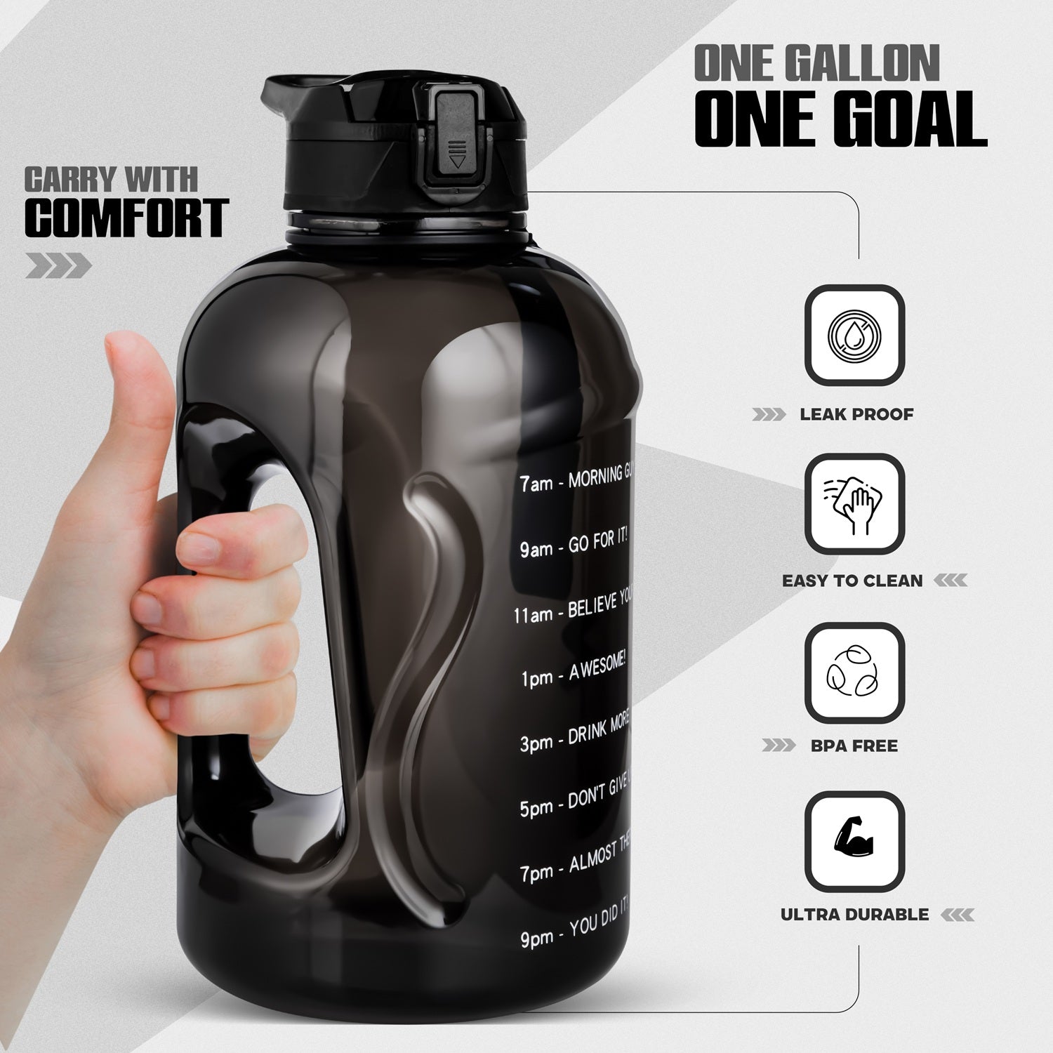 Motivational Gallon Water Bottle 2.2L (2200ml) with Straw & Cleaning Brushes | Leak Proof BPA Free | Black